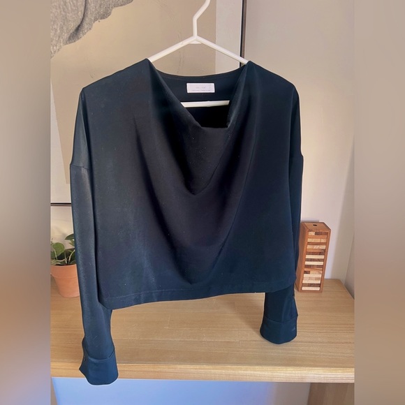 OAK + FORT Tops - Oak + Fort Sateen Scoop Neck Navy Long Sleeve Blouse